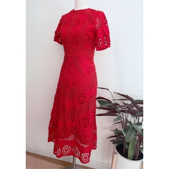 ASOS Premium Broderie Fabric Lace Eyelet Cocktail Red Cotton Midi Dress US 4 - Picture 6 of 12